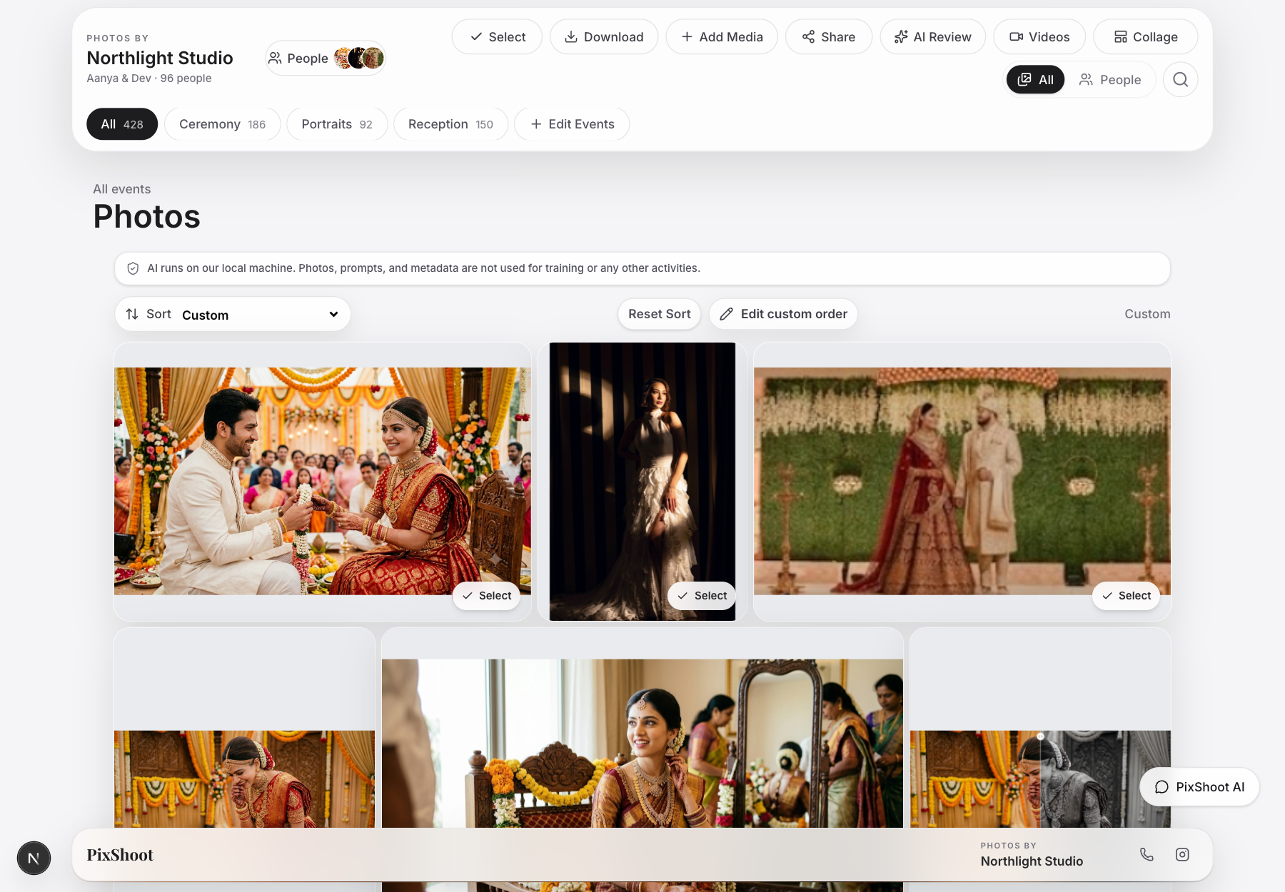 Album gallery with event tabs and the gallery management toolbar