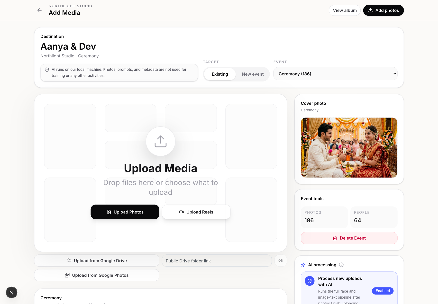 Add Media screen with an existing event selected as the destination